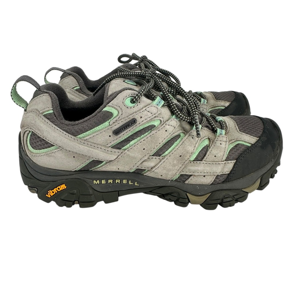 Merrell Moab Waterproof Hiking Shoes Women 8.5 Grey Green Vibram Outdoors Trail